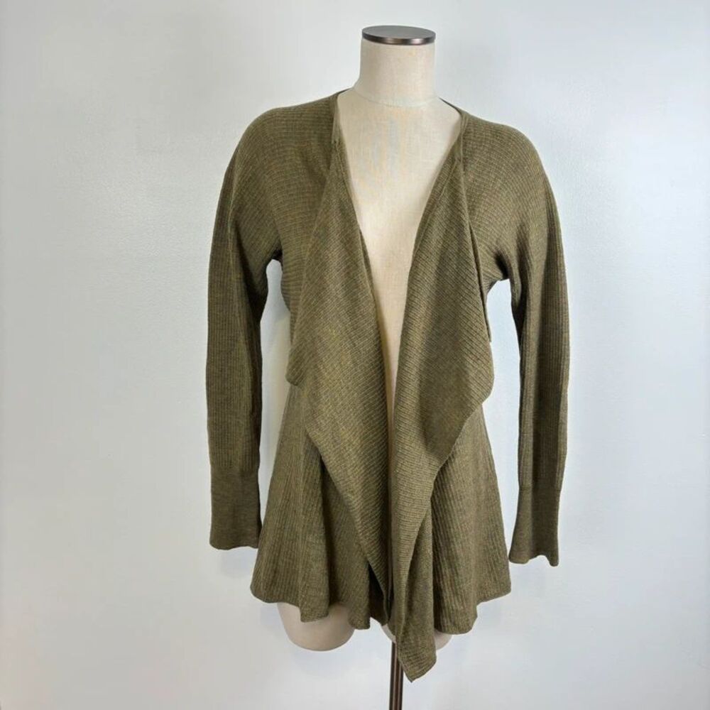 Eileen Fisher Large Olive Moss Green Merino Wool Open Front Draped Cardigan Knit
